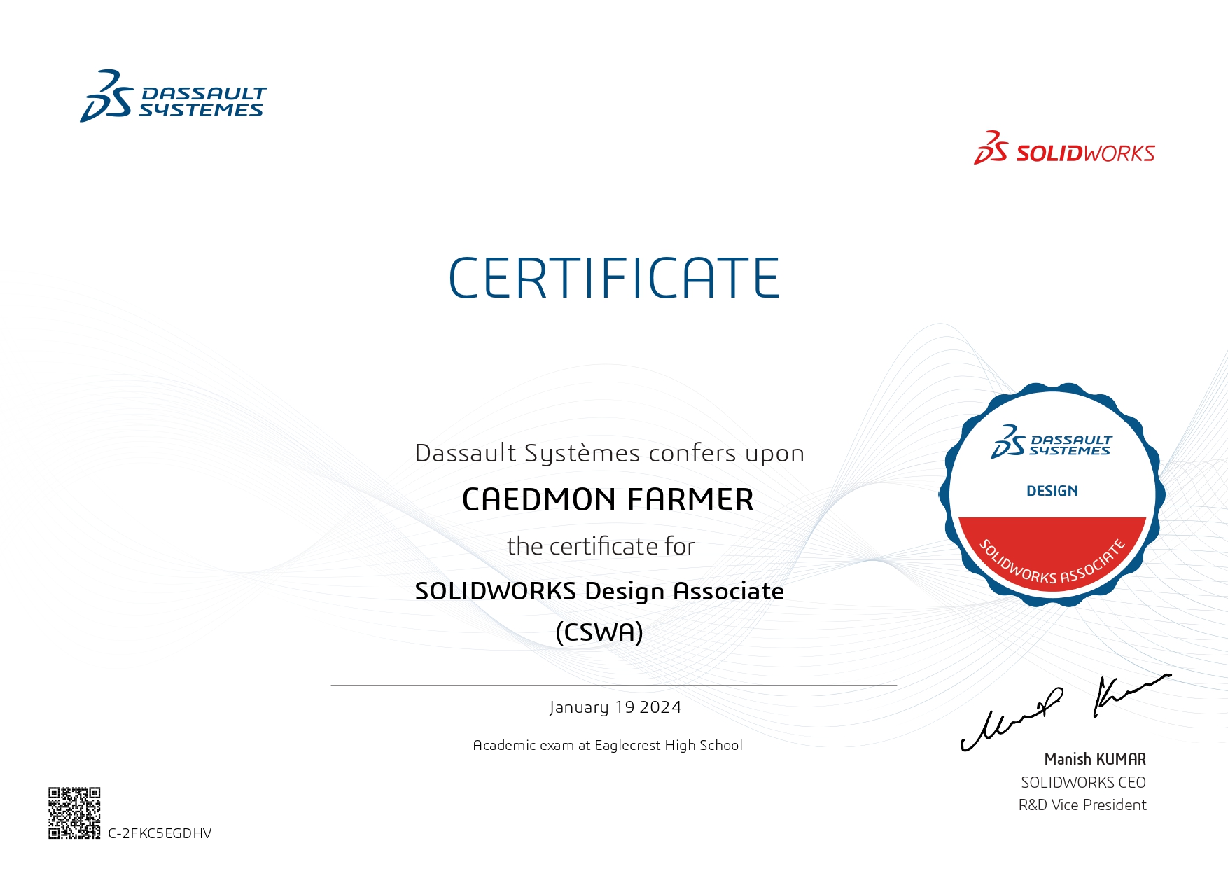 CSWA Solidworks Certification screenshot