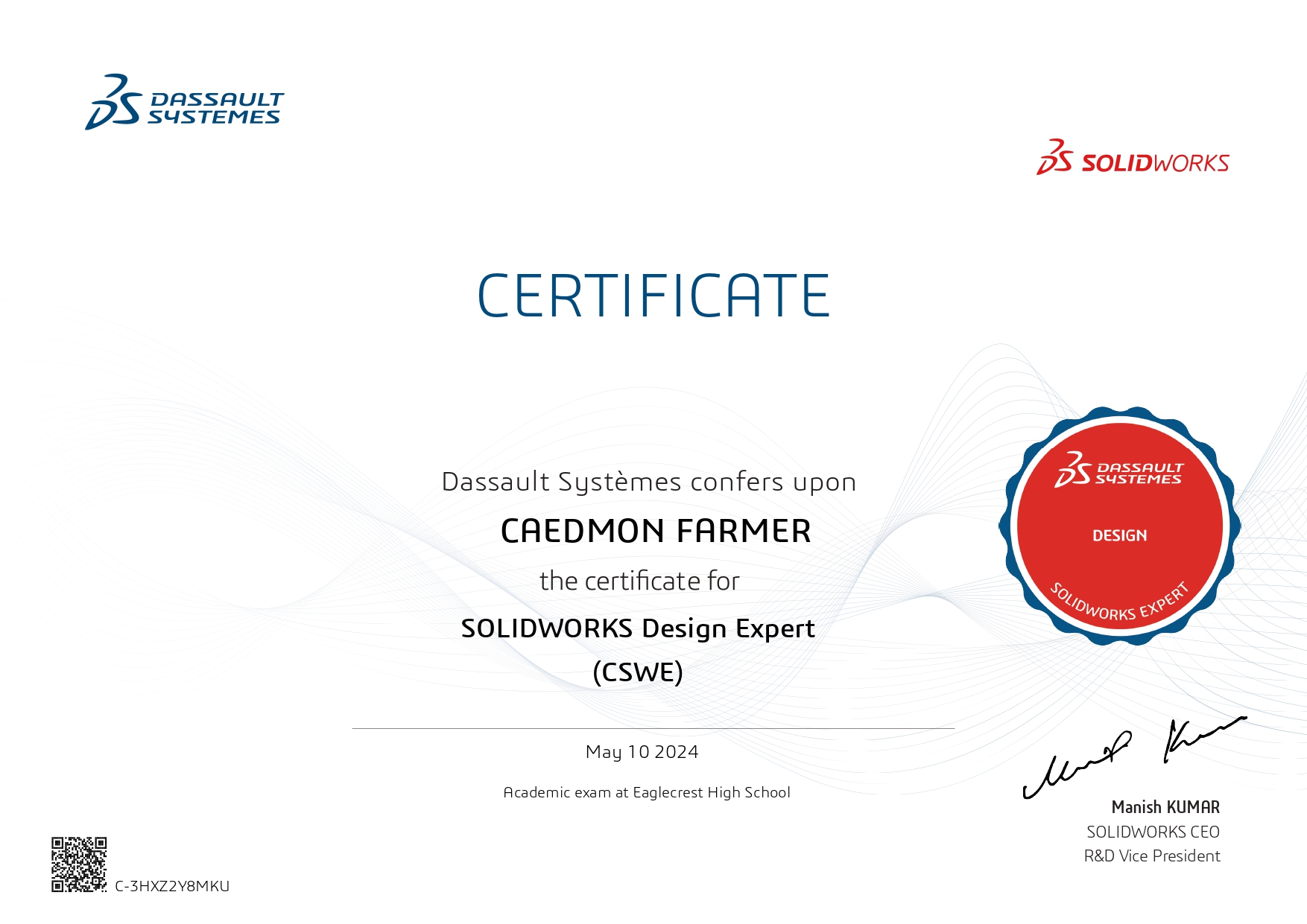 CSWE Solidworks Certification screenshot